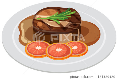 Gourmet Steak with Citrus Garnish 121389420