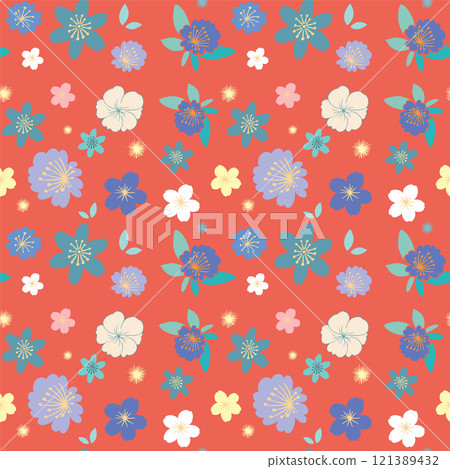 Colorful Floral Pattern on Red Colorful Floral Pattern on Red 121389432