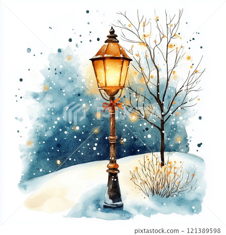 雪夜發光路燈的水彩插圖 121389598