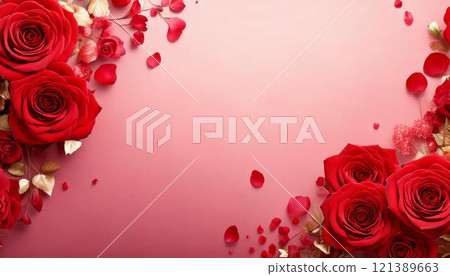 A frame illustration of roses with scattered rose flowers and petals on a red background Valentine's Day and wedding materials A frame illustration of roses with scattered rose flowers and petals on a red background Valentine's Day and wedding materials 121389663