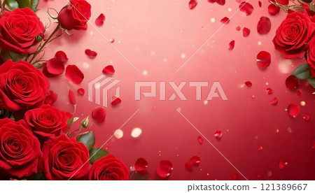 玫瑰花框插圖，玫瑰花和花瓣散落在紅色背景情人節、婚禮材料上 121389667