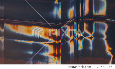 Distorted display. Glitch error. Damaged screen overlay. Blue orange white color light flare digital artifacts dust scratch cracked texture dark illustration art abstract background. 121389956