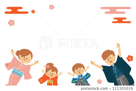 New Year's Day, Shichigosan, illustration of a family wearing Japanese kimonos 121391019