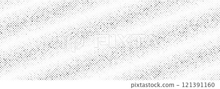 Black rippled grit halftone texture. Grunge dotted striped noise background. Vanishing sandy grain gradation wallpaper. Dot lined gradient pattern. Gritty pixelated comic overlay backdrop. Vector 121391160