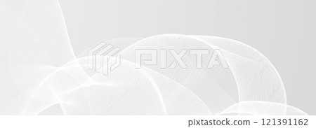 Abstract grey wavy line background. Silver flowing wave pattern. Technology curved undulated stripe wallpaper. Tech backdrop concept for poster, banner, cover, flyer, booklet. Vector illustration 121391162