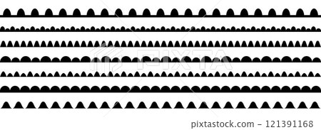 Wavy repeating pattern border set. Scalloped shape frame collection for decoration, banner, poster. Wave edge seamless stripes to divide or separate. Black repeated squiggle stroke pack. Vector 121391168