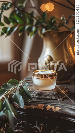 Cosmetic cream in a glass jar. Skin care concept. Background for beauty products 121391453