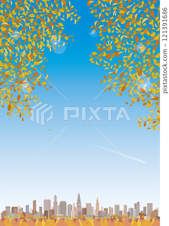 城市景觀與秋葉的插圖。 121391686
