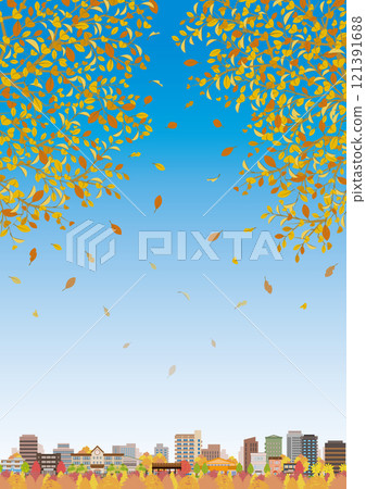 Autumn leaves cityscape illustration. 121391688