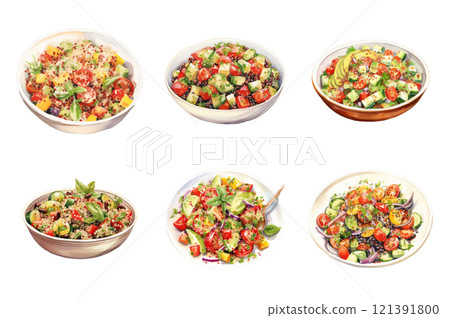 Quinoa Salad Watercolor Collection Bundle Set Isolated on a Transparent Background 121391800