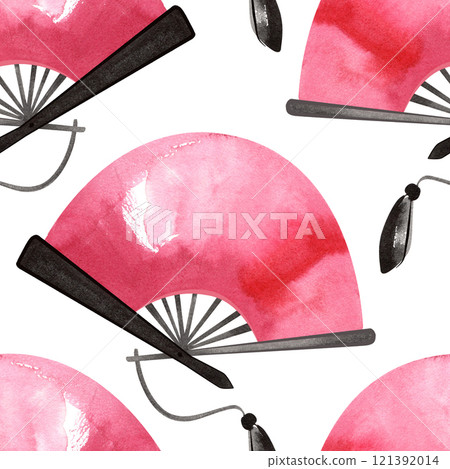 Pink Japanese fan with black tassel. Watercolor seamless pattern for wrapping paper or textile. 121392014