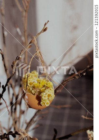 Egg shell handmade decoration for Easter holiday. Tutorial master class storytelling. Zero waste sustainable eco-friendly me made decor. Minimalistic 121392015