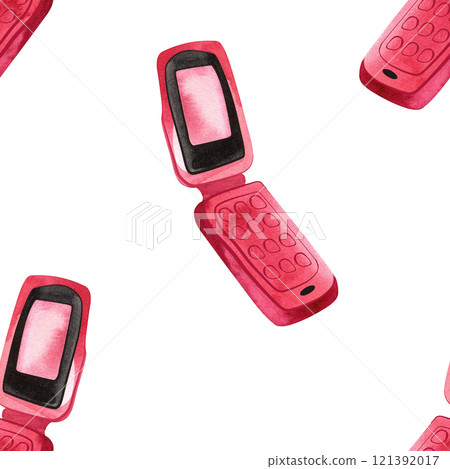 Pink glamorous women's flip phone. Noughties rom-com aesthetics. Watercolor seamless pattern for wrapping paper or textile. 121392017