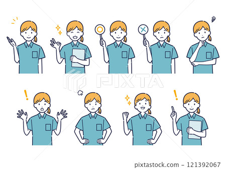 Facial expression variation set of a woman wearing a polo shirt _ illustration 121392067