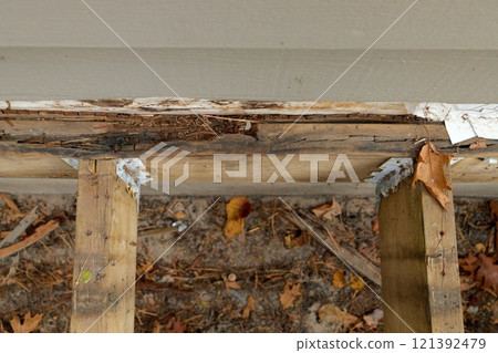 Deck Ledger Board Incorrectly Installed over Wood Siding has led to Extensive Dry Rot and Damage 121392479