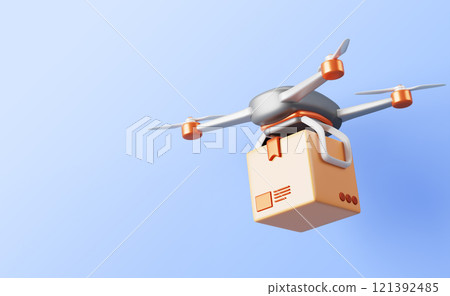 3d drone carry cardboard box in blue sky. Realistic render of quadcopter delivers parcel package, unmanned aerial vehicle flying in air. Fast delivery service, innovation technology. 3D illustration 3d drone carry cardboard box in blue sky. Realistic render of quadcopter delivers parcel package, unmanned aerial vehicle flying in air. Fast delivery service, innovation technology. 3D illustration 121392485