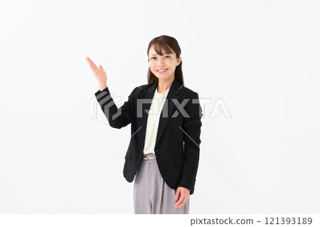 Business middle-aged woman waving her hands Business middle-aged woman waving her hands 121393189