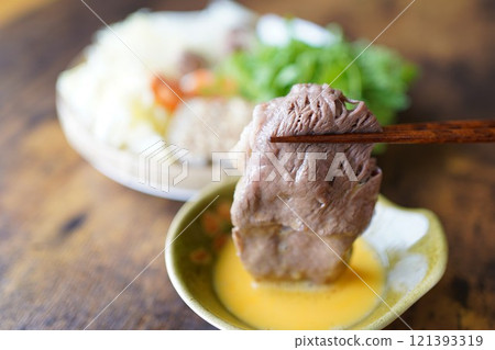 Sukiyaki with slices of specially selected lean black wagyu beef Sukiyaki with slices of specially selected lean black wagyu beef 121393319