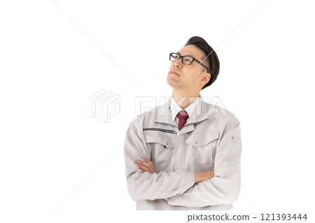 Men in work clothes worried Men in work clothes worried 121393444