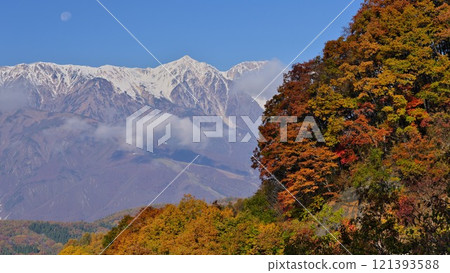 白馬村白澤峠的信州秋葉和白馬八里岳、週志岳的白月 121393588