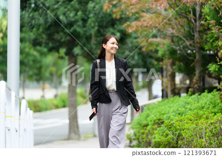 Middle-aged woman walking on the sidewalk Business 121393671