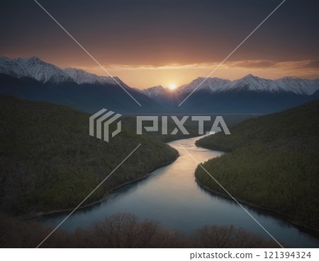 sunset mountains and river landscape 121394324