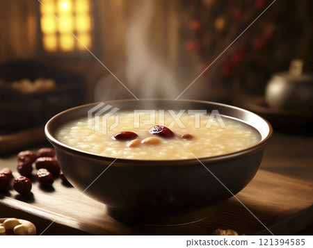 壹碗熱氣騰騰的小米南瓜粥放在木桌上 壹碗熱氣騰騰的小米南瓜粥放在木桌上 121394585