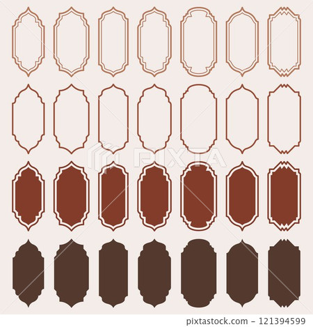 Ramadan shapes of windows and doors design. Islamic arches with Turkish ornament. Muslim oriental templates for banner and decor. Vector symbols 121394599