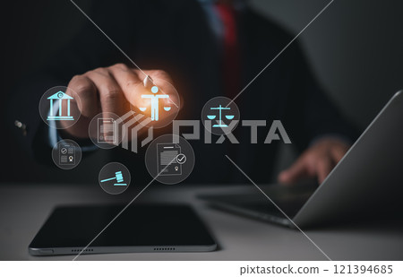 Lawyer man showing virtual global law icons on for business legal advice. Labor law, Lawyer, Attorney at law, Legal advice business concept, Lawyer icon, dark background. 121394685
