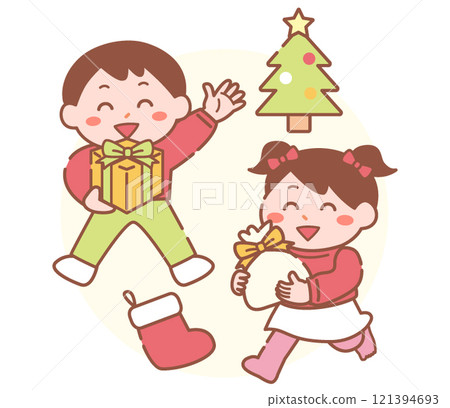 December Christmas illustration of children happy with Christmas presents 121394693