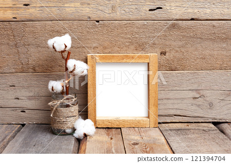 Rustic Wooden Frame Mockup on Wooden Background Rustic Wooden Frame Mockup on Wooden Background 121394704