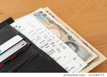 Wallet, bills and receipts, new bills and receipts in a leather wallet 121394773