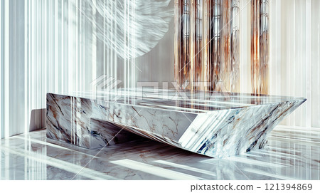Futuristic marble table with light stripes in modern interior design Futuristic marble table with light stripes in modern interior design 121394869