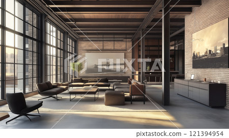 Modern industrial loft apartment interior with urban decor and cozy lounge seating 121394954