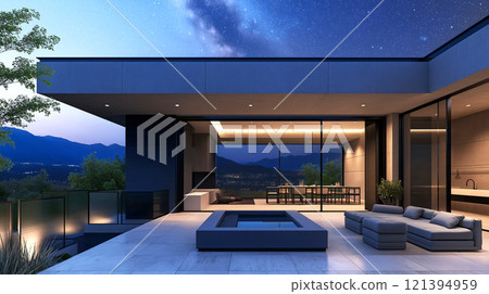 Contemporary luxury villa with pool overlooking mountain view at twilight Contemporary luxury villa with pool overlooking mountain view at twilight 121394959