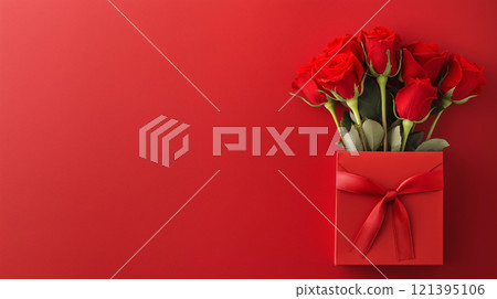 Red roses in gift box with ribbon on vibrant red background 121395106