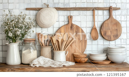 Rustic kitchen decor with wooden utensils and natural textures for cozy ambiance 121395167