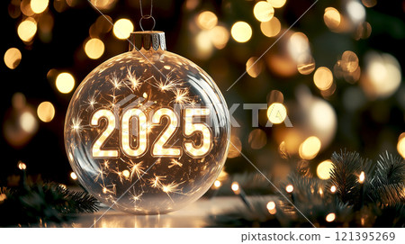 Christmas tree ball with golden glowing 2025 numbers, festive lights and evergreen branches 121395269