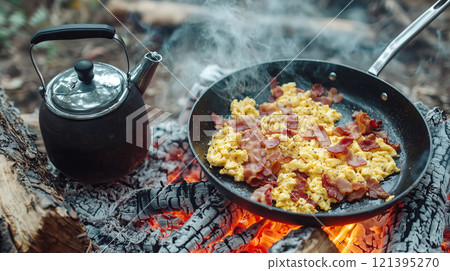 Outdoor cooking: scrambled eggs and bacon on campfire with kettle Outdoor cooking: scrambled eggs and bacon on campfire with kettle 121395270