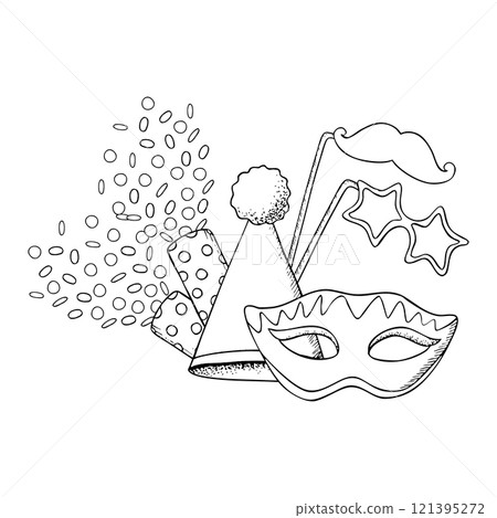 Mardi Gras masquerade and carnival symbols black and white vector illustration with masks, party cones, confetti poppers and star glasses on stick. Hand drawn line sketch for kids Purim coloring book 121395272