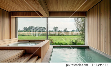 Indoor spa with wooden interior and swimming pool overlooking scenic countryside 121395315