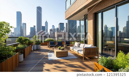 Modern rooftop terrace with urban cityscape in background 121395325