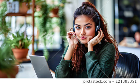 Young asian woman with headphones working on laptop surrounded by indoor plants 121395351