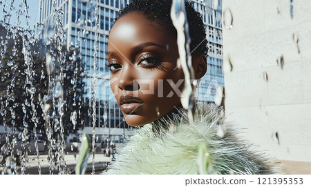 Urban elegance through glass: fashion female portrait amidst cityscape and water reflections 121395353