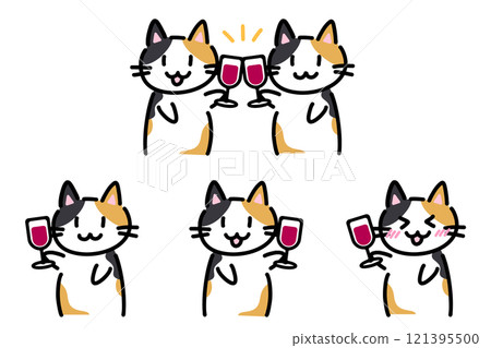 Hand-drawn illustration set of calico cats toasting with wine 121395500