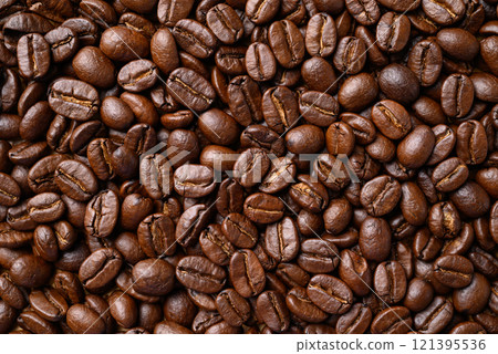 Roasted coffee beans background, Arabica coffee 121395536