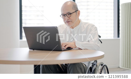 Elderly person in a wheelchair operating a computer 121395588