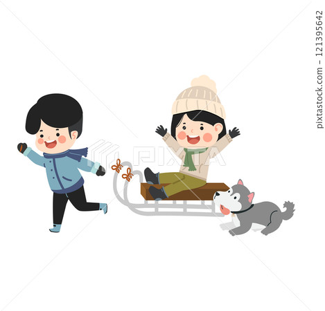 Happy man and woman with sleign 121395642