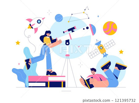 Astronomy Vector Illustration featuring People Observing a Starry Night Sky with Galaxies and Planets in Outer Space Using Telescopes in a Background Astronomy Vector Illustration featuring People Observing a Starry Night Sky with Galaxies and Planets in Outer Space Using Telescopes in a Background 121395732