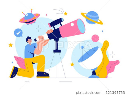 Astronomy Vector Illustration featuring People Observing a Starry Night Sky with Galaxies and Planets in Outer Space Using Telescopes in a Background 121395733
